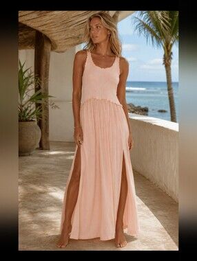 POL Babydoll Maxi Sleeveless Dress S Resort Boho Beach Cottage #drs21